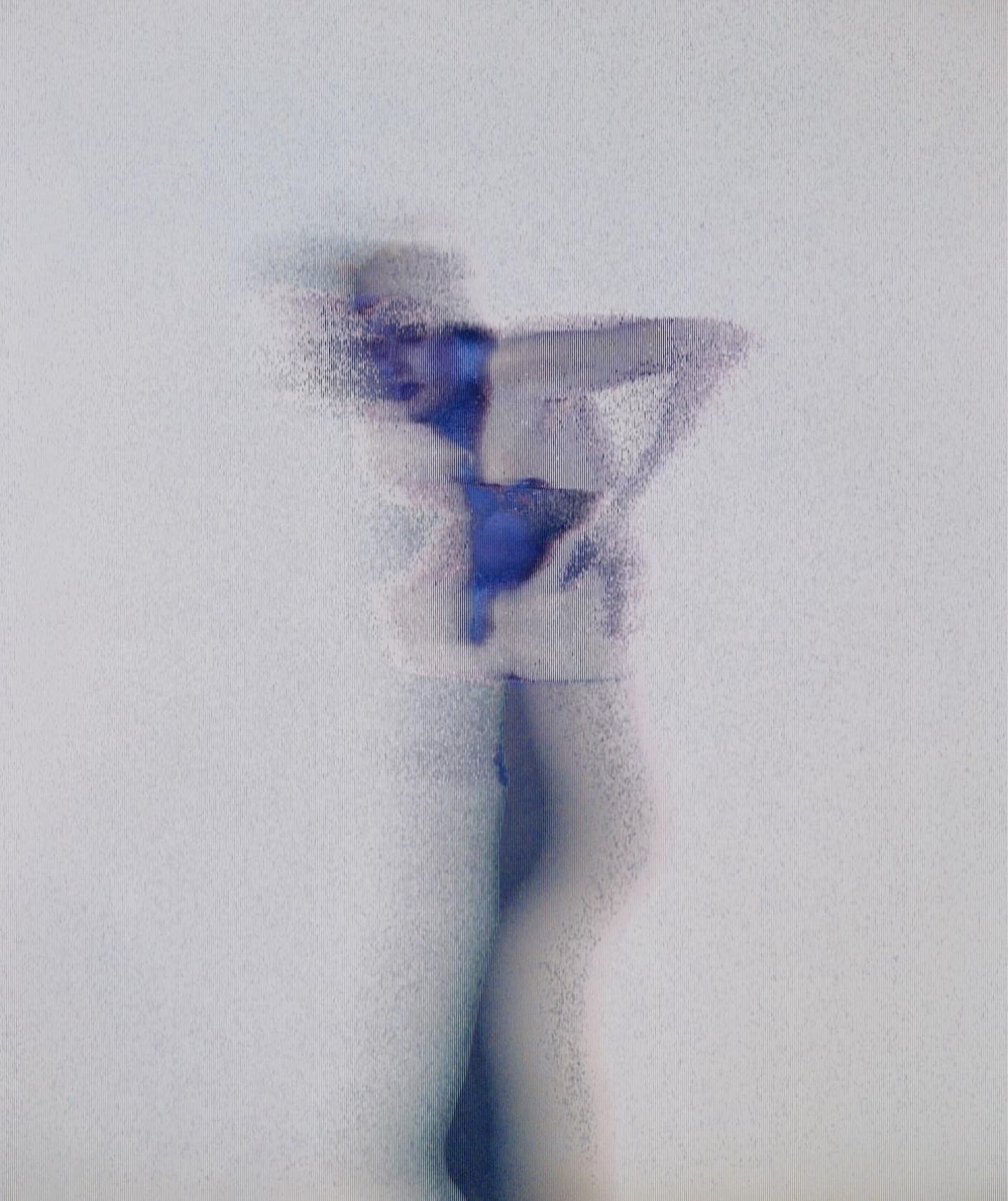 Pale blue standing figure fragmented by vertical screen lines and digital noise against a white field.