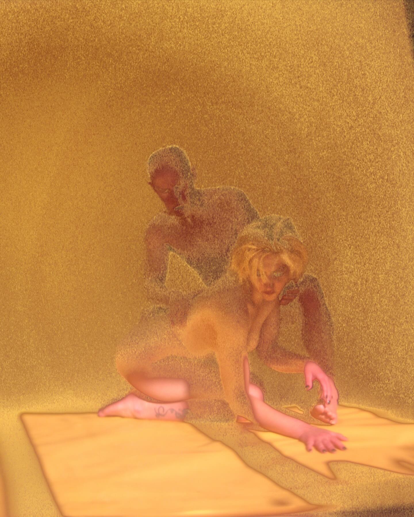 Gold-toned digitally altered photograph of several overlapping figures, with bodies partly obscured by grain and image interference.