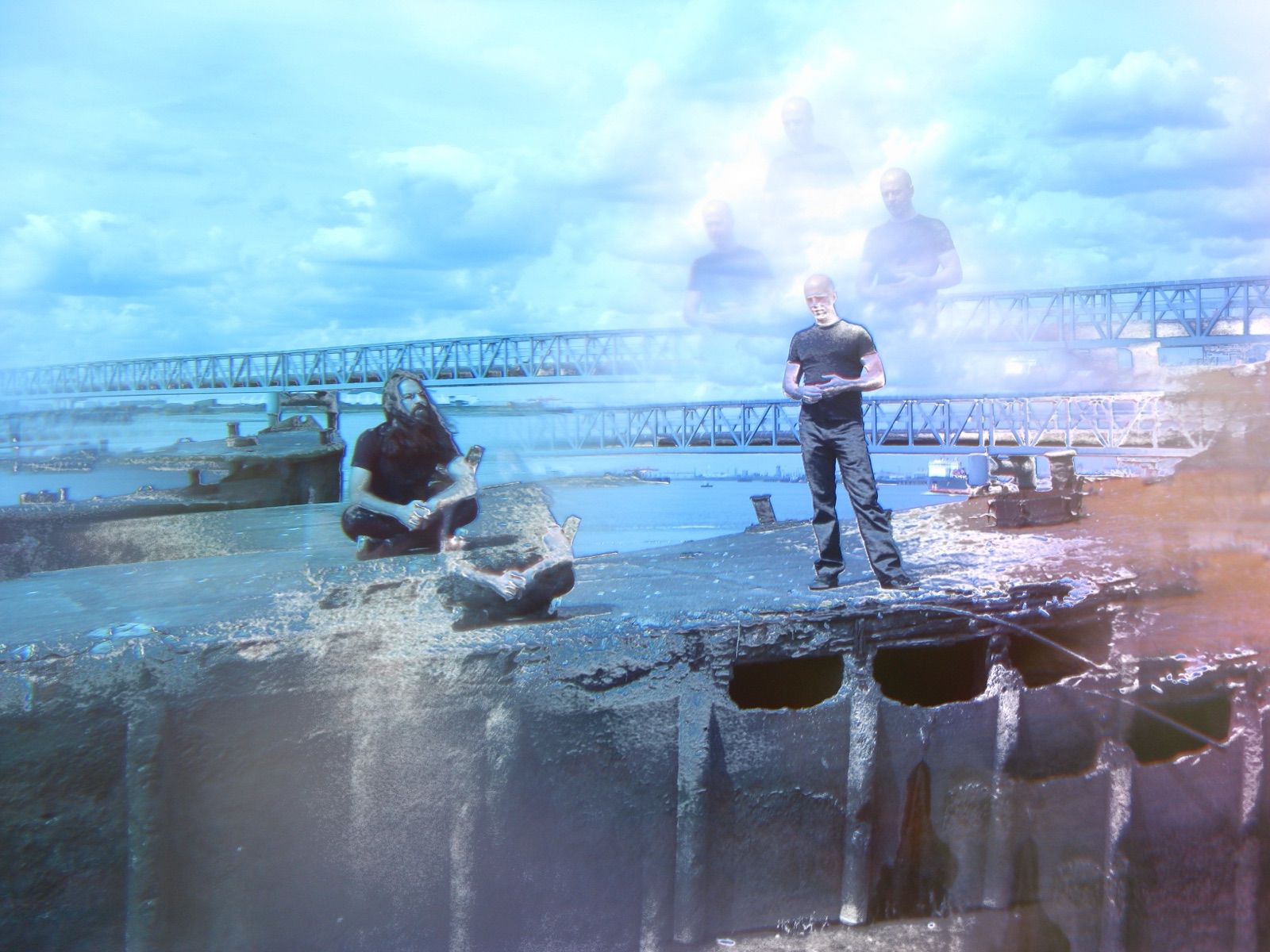 One musician sits and the other stands on a concrete platform; pale repeated figures appear in the blue sky above them.