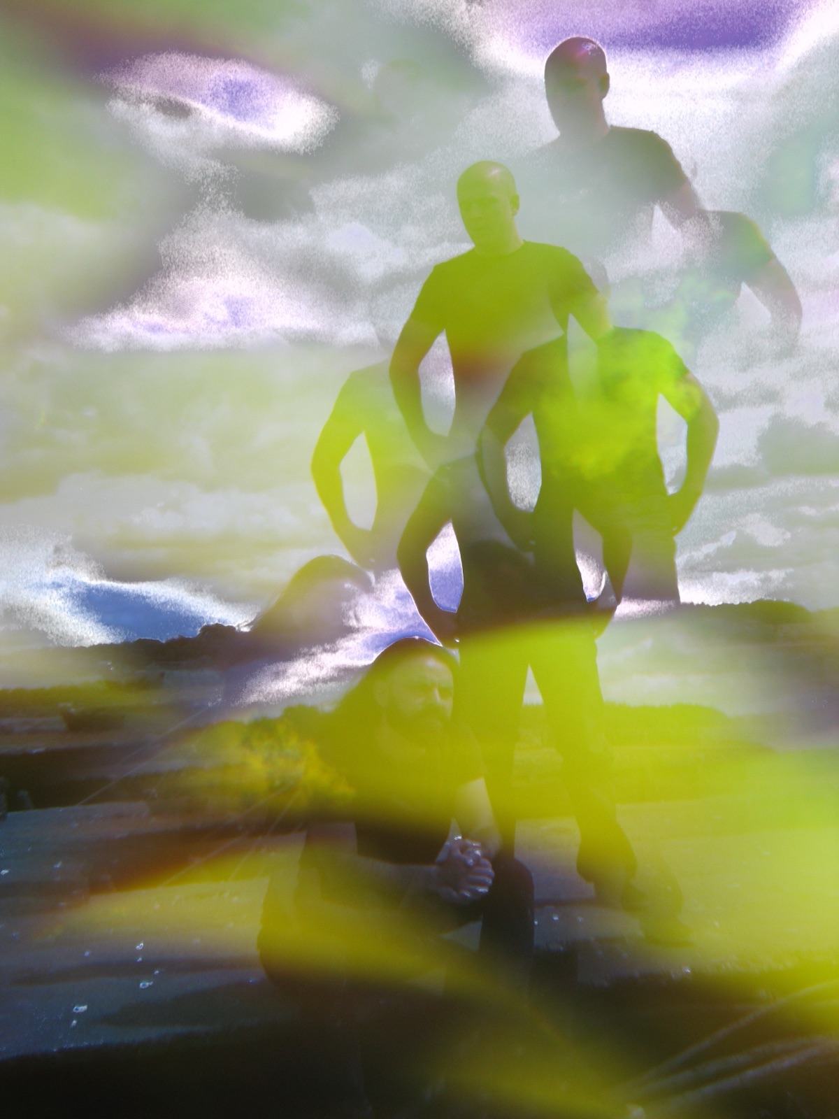 A standing musician is repeated into several green and dark figures against a layered sky.