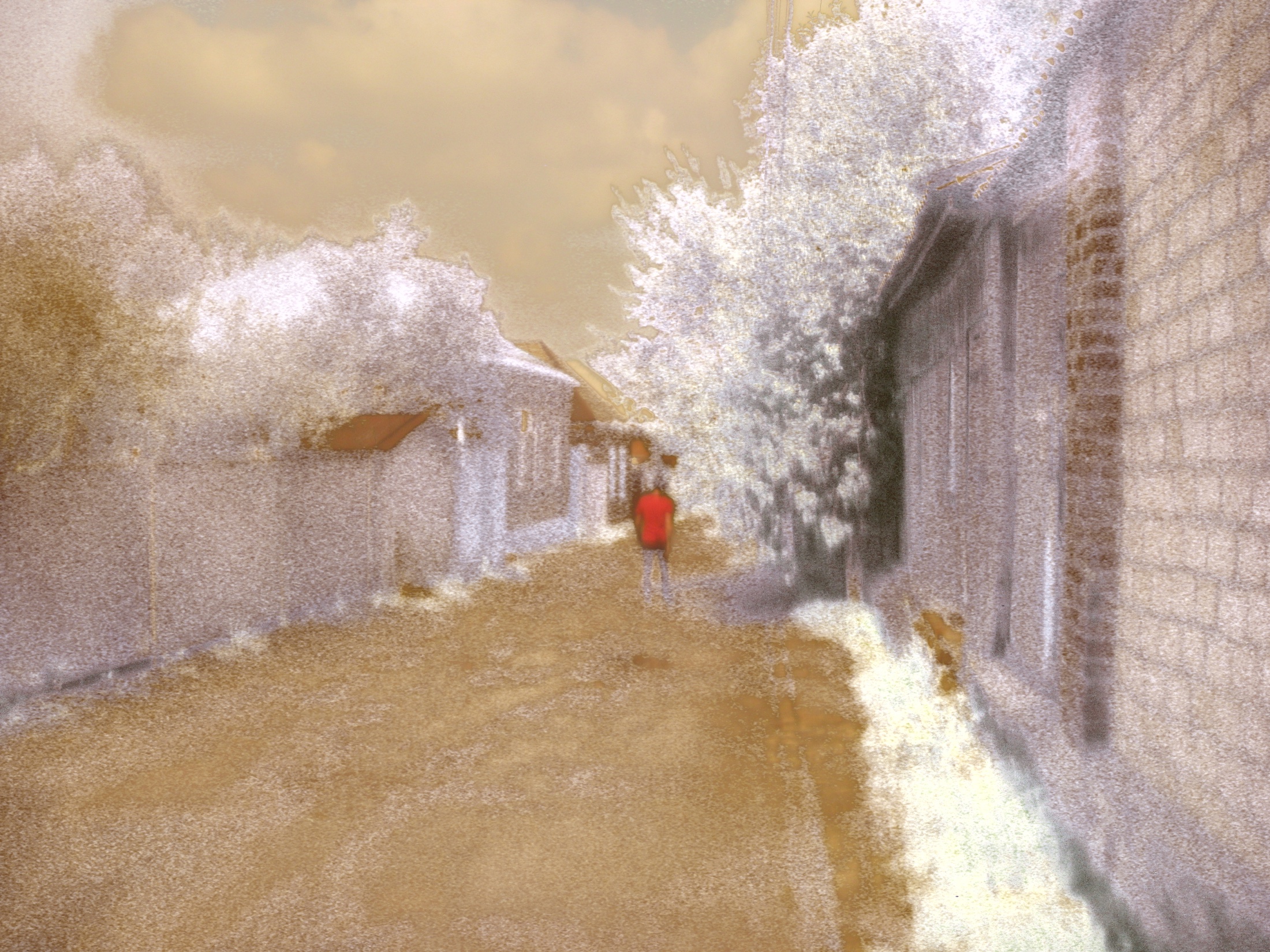 A red-clothed figure receding along the street through shifting blur.