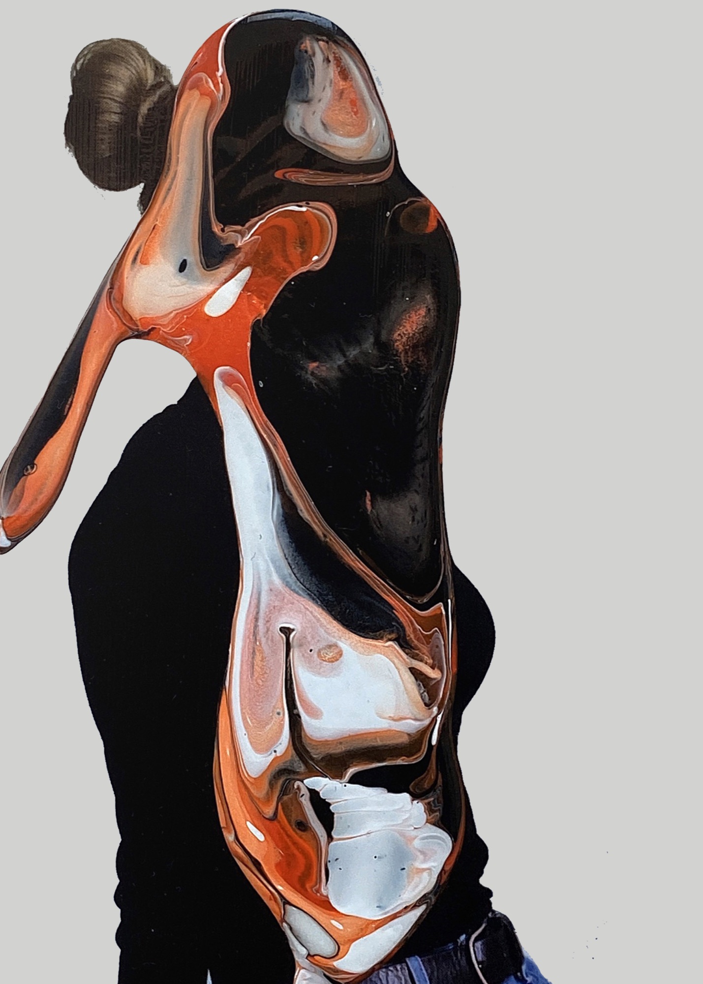 Portrait partly obscured by flowing black, white and orange acrylic