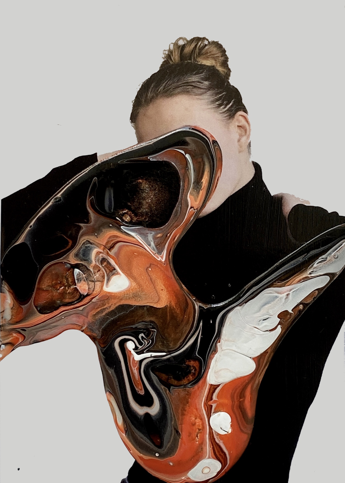 Portrait covered by a broad black, white and rust-coloured acrylic form