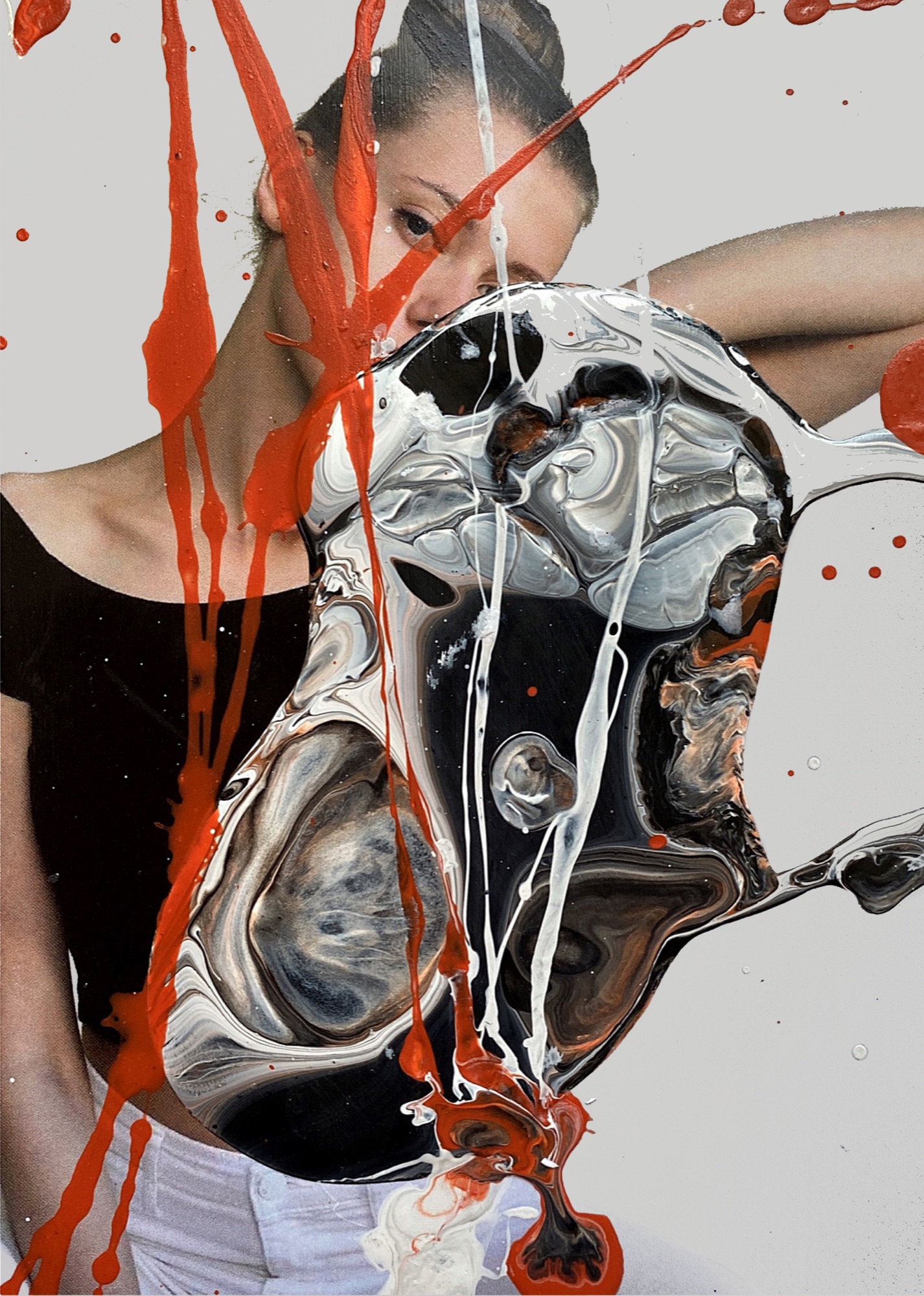 Portrait crossed by red and white paint and a large marbled acrylic form