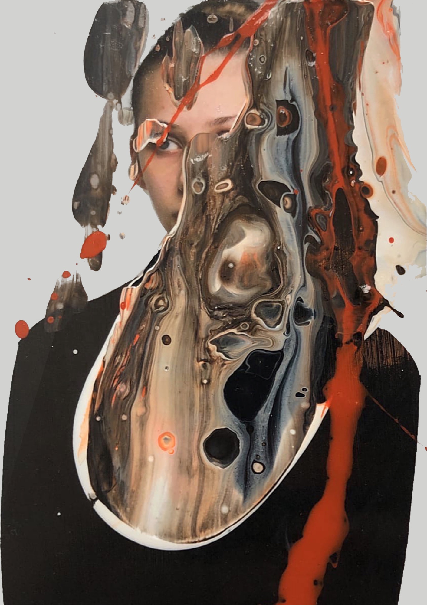 Portrait overtaken by grey, black and red acrylic with cell-like cavities