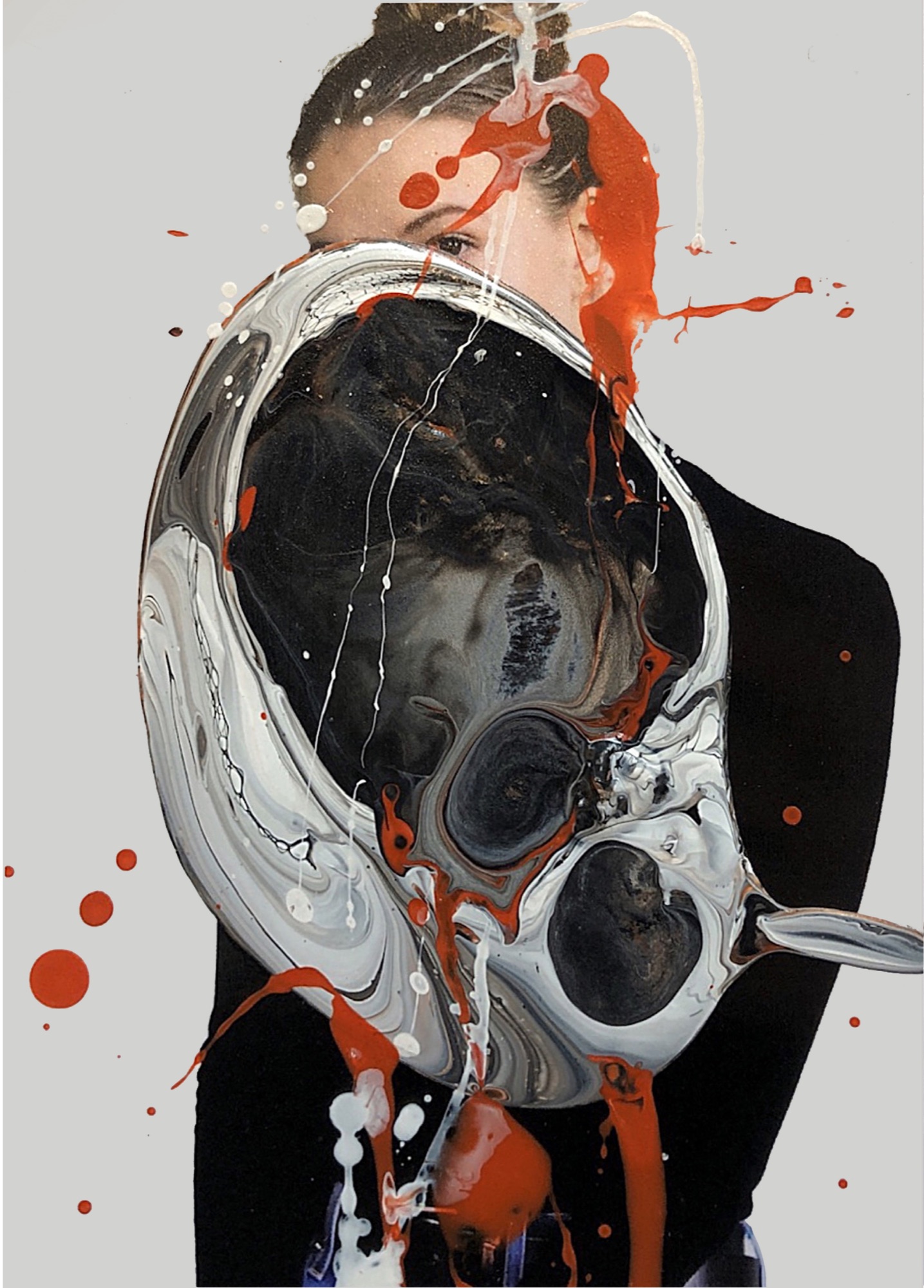 Portrait obscured by a large black and white acrylic mass with red splashes