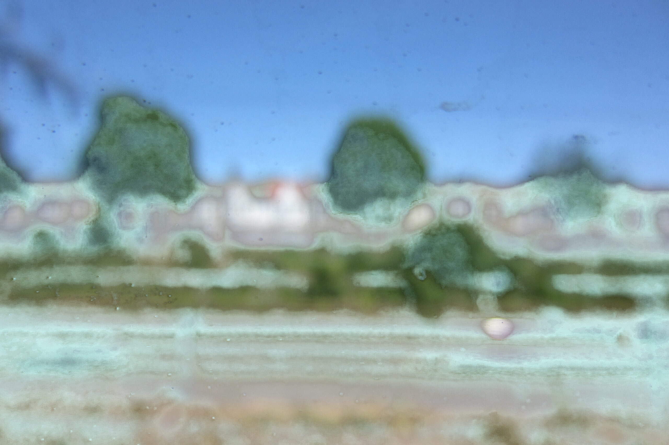 Railway landscape dissolving into blur behind dirt on the train window.