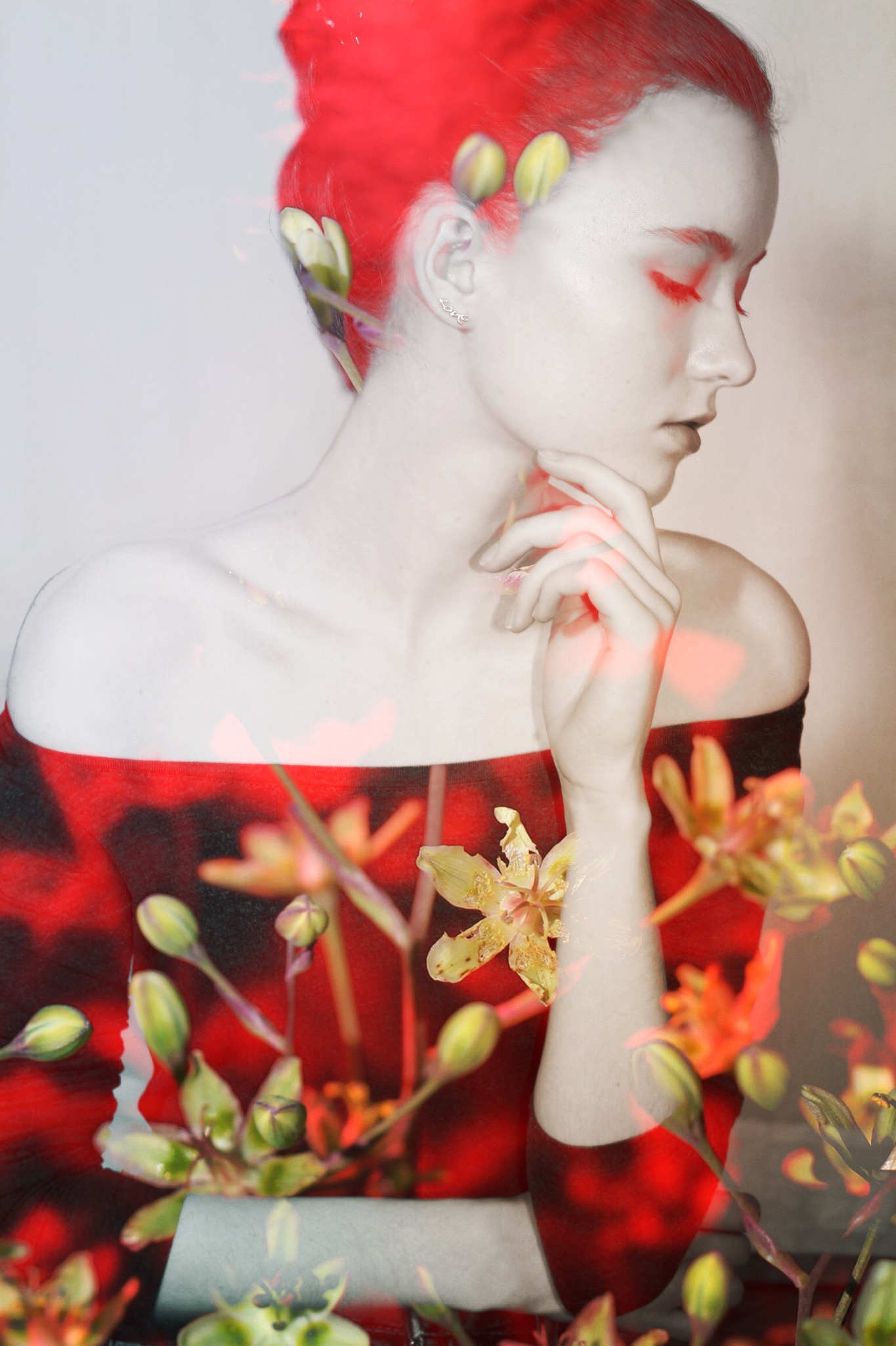 A pale portrait in profile, with red across the hair and clothing and flowering stems layered over the figure.