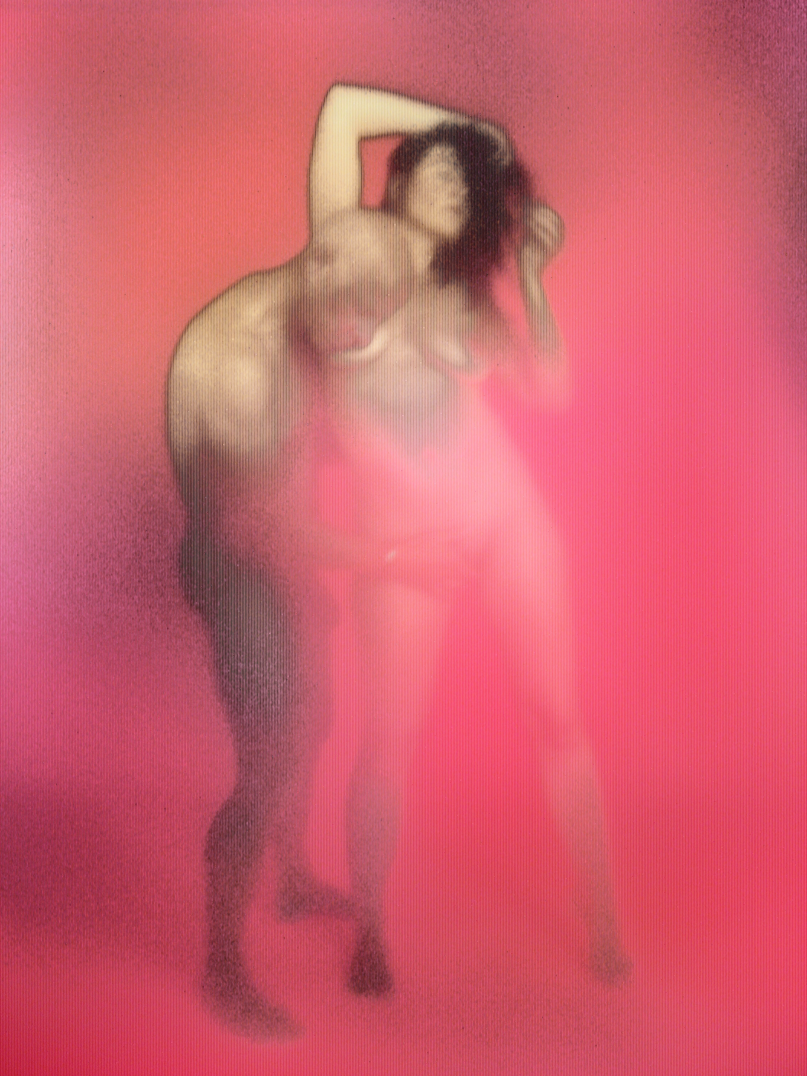 Two standing figures lean together against a pink background, with one arm raised and their lower bodies softened by a pink blur.