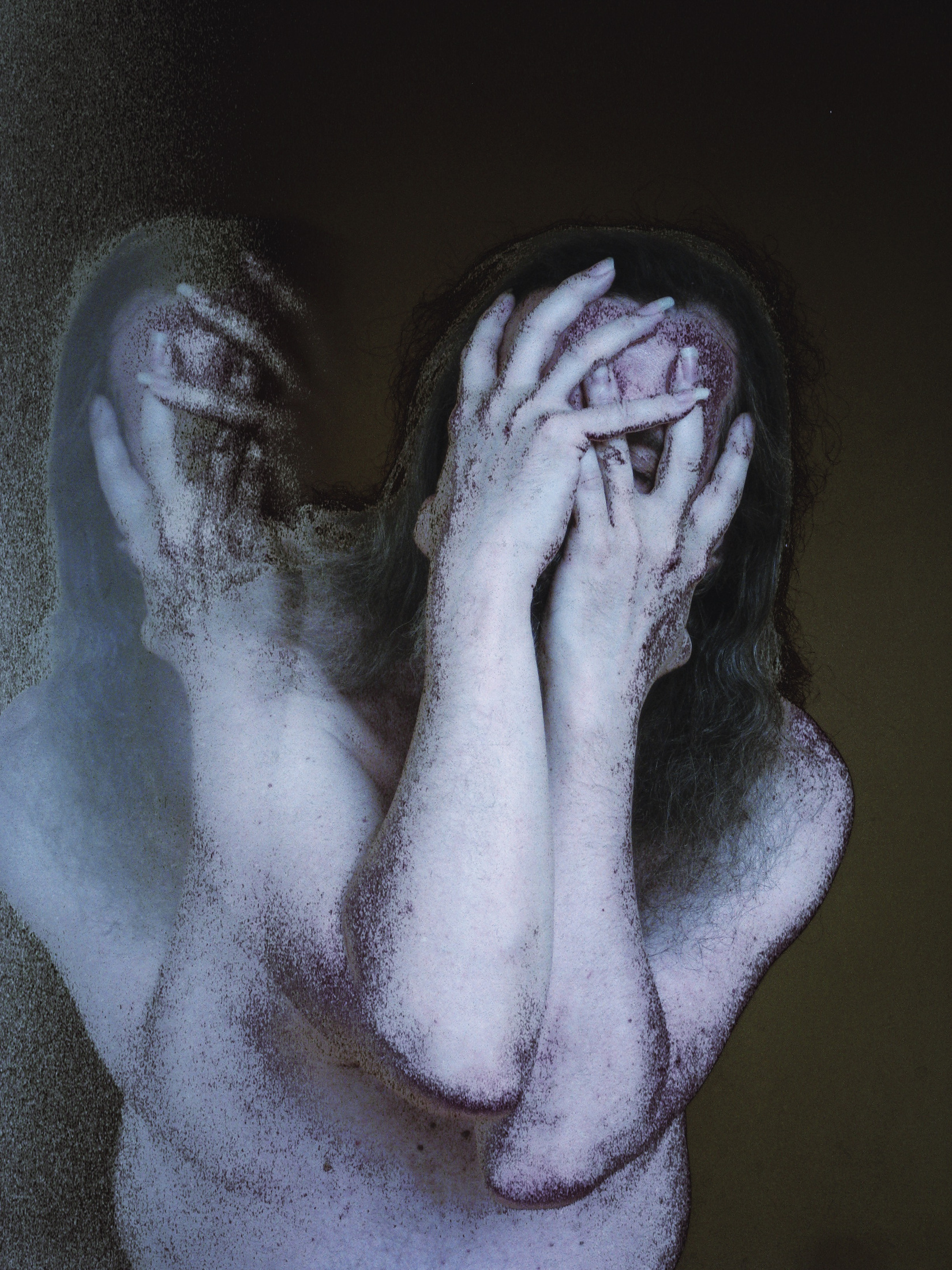 Pale overlapping faces and arms, with hands covering the faces, against a dark ground.