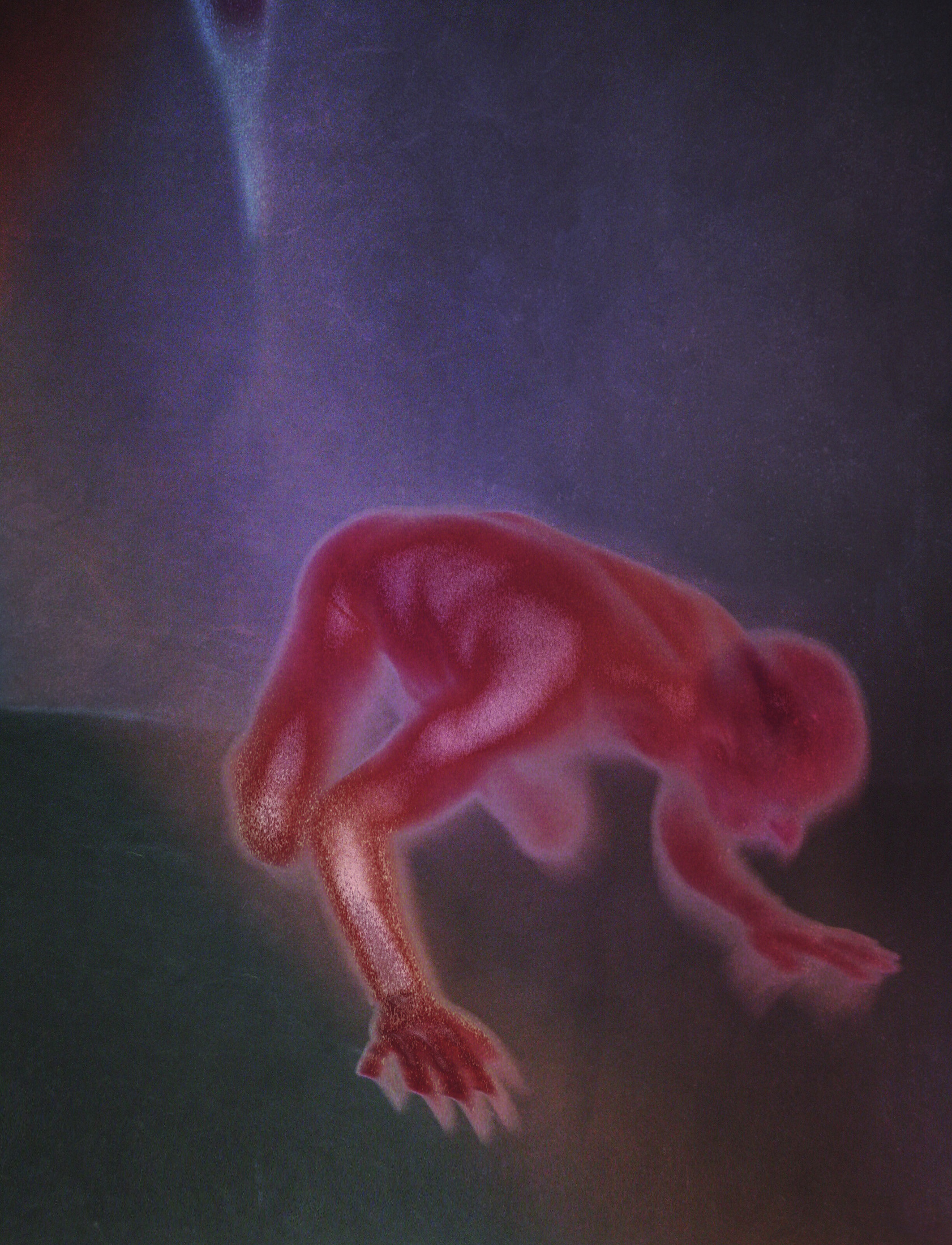 A red crouching figure appears suspended against a purple and green background.