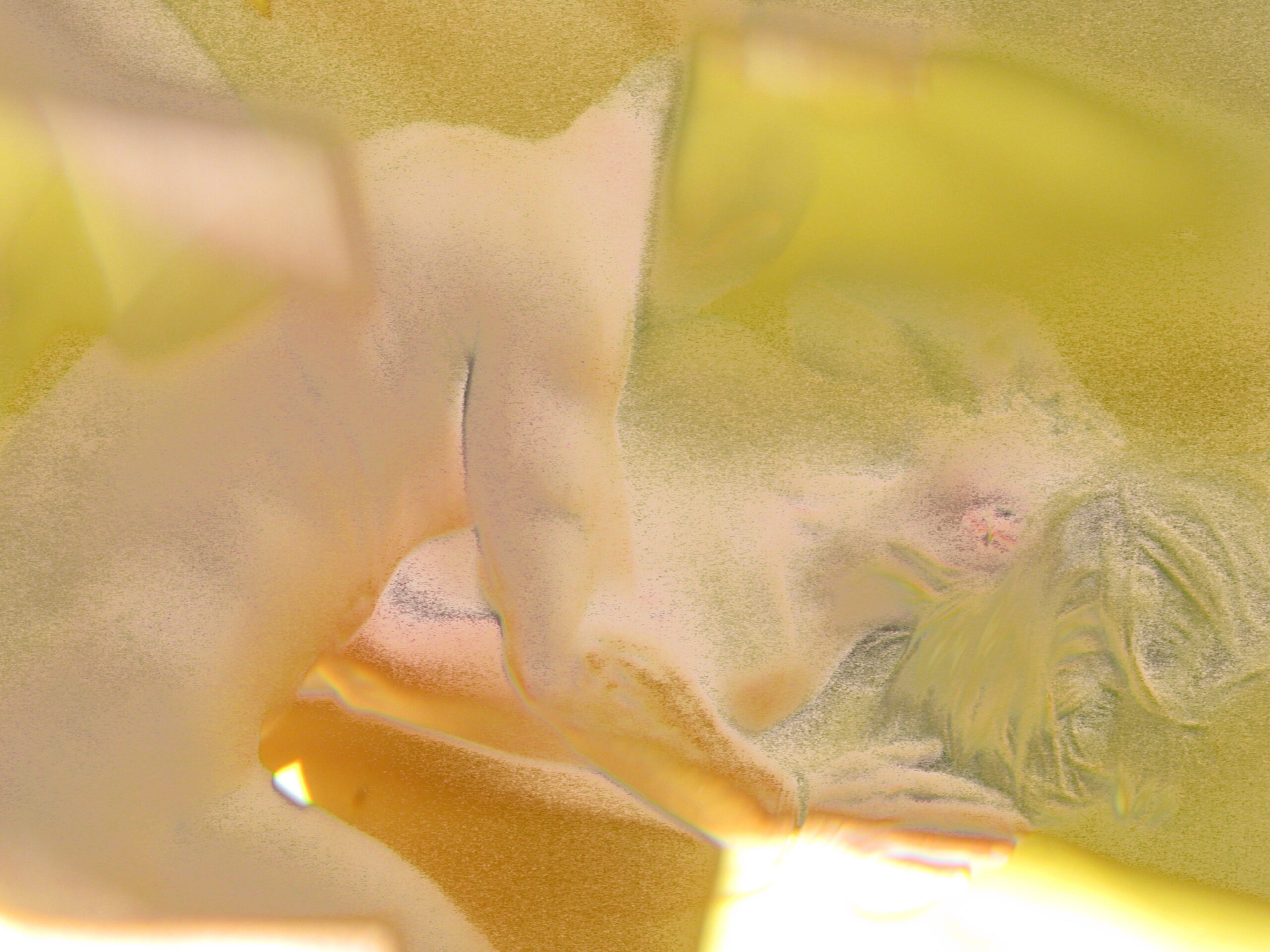 Overexposed — two overlapping, colour-shifted portraits in pale yellow and pink.